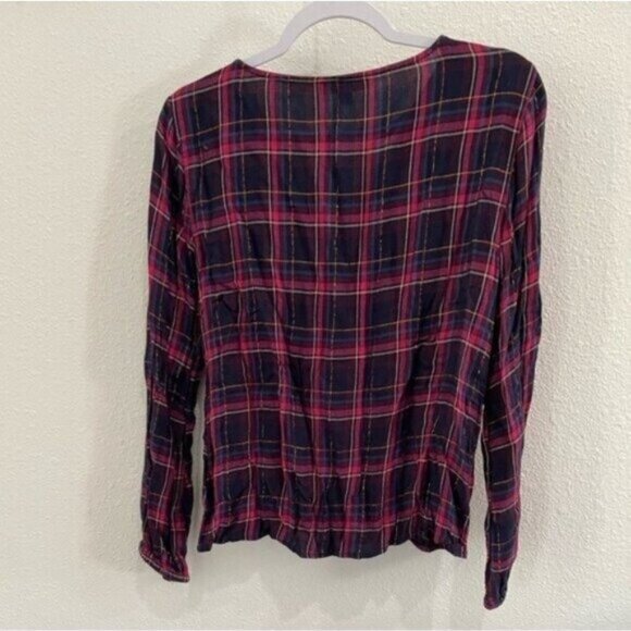 Francesca’s Western Boho Plaid Top Shabby Chic Faux Wrap Long Sleeve - Picture 6 of 6